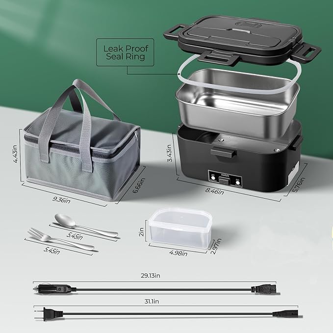 Vidaskeci Electric Lunch Box for Adults 1.8L-80W Heated Lunch Box Food Warmer, ON/OFF Power Switch 12/24V/110V,Car, Truck, Work, Travel(Black) 1.8L Portable Fast Heating