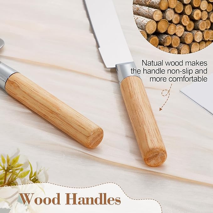 Cake Cutting Set for Wedding, Wood Cake Knife and Server Set, Vintage 2-Piece Pie Cutter Serving Set, Serrated Pizza Dessert Utensils, Bridal Anniversary Birthday Quincea챰era Gift