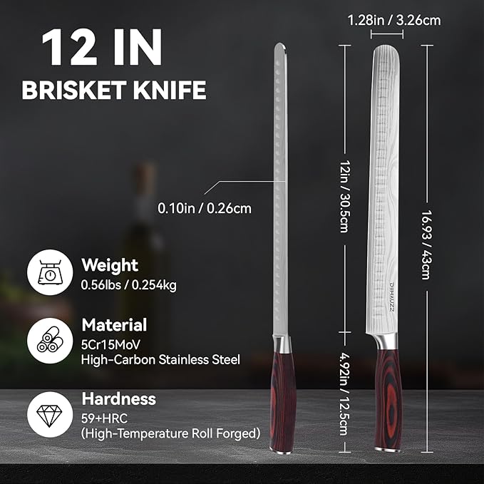 Brisket Knife 12 Inch, Ultra Sharp High Carbon Stainless Steel Carving Knife with Ergonomic Pakkawood Handle & Gift Box for Slicing Ham, Roast Beef, BBQ, Turkey, Perfect Grilling Gift