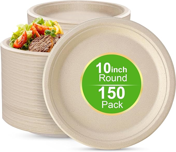 10 Inch Compostable Disposable Paper Plates, 150 Pack Heavy Duty Paper Plates, Made Of Eco-Friendly, Natural Sugarcane Bagasse