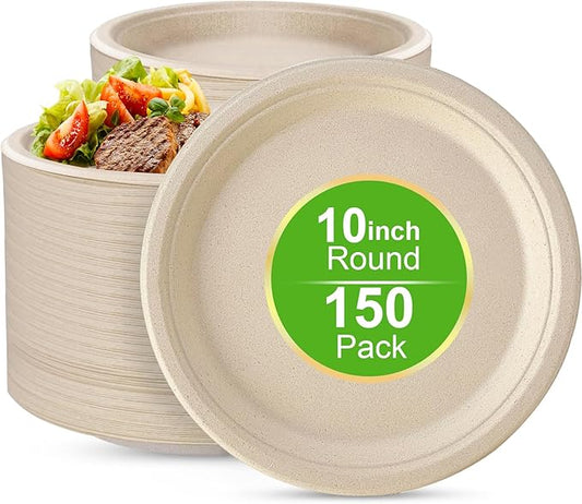 10 Inch Compostable Disposable Paper Plates, 150 Pack Heavy Duty Paper Plates, Made Of Eco-Friendly, Natural Sugarcane Bagasse