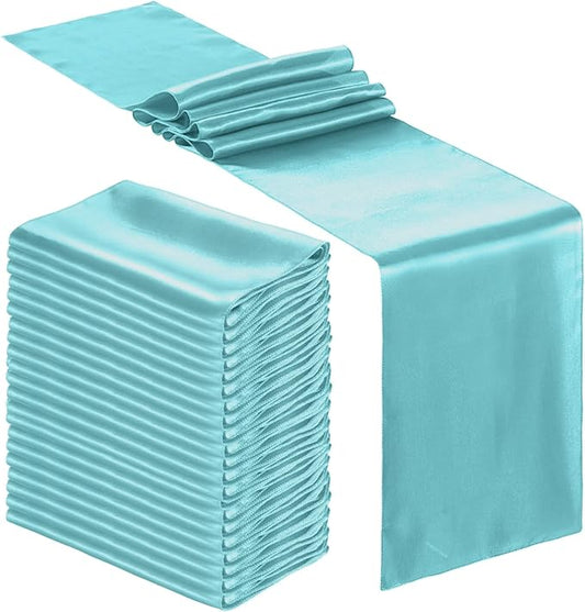 Bencailor 24 Pcs Light Blue Satin Table Runner Bulk 12 x 108 Inches Long Table Runners Bright Smooth Fabric Tablecloth for Wedding Banquet Birthday Valentines St Patrick's Day Party Decorations