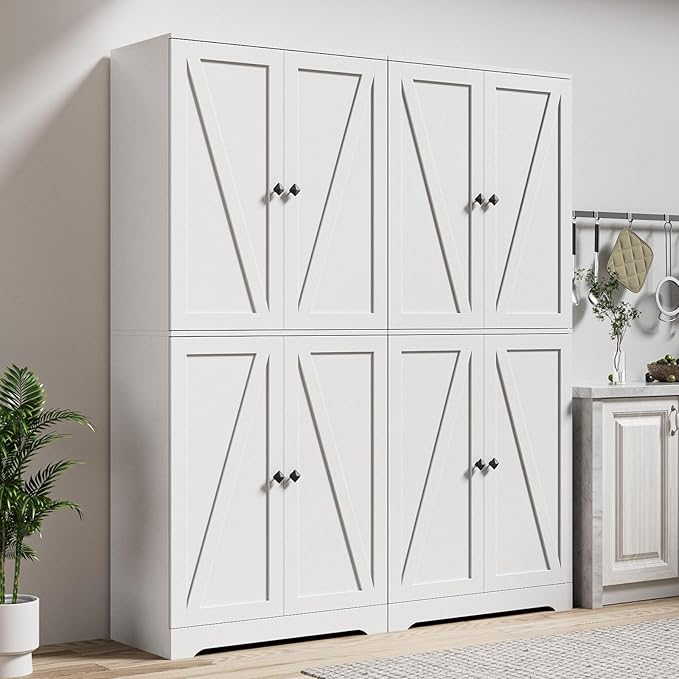 LYNSOM Farmhouse Storage Cabinet with Doors Set of 2, Kitchen Pantry Cabinet with 4 Barn Door and Adjustable Shelves, White Storage Cabinets for Kitchen, White