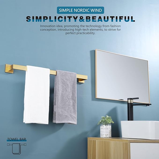 KOKOSIRI 24-Inch Single Towel Bar, Bathroom Kitchen Towel Holder, Wall Mounted SUS304 Stainless Steel Towel Rack, Brushed Gold, B4003BG-L24