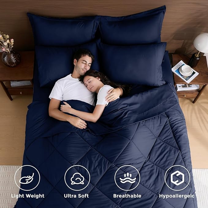 HEVUMYI Navy Blue Twin Comforter Set - 5-Piece All Season Bed in a Bag Twin, Ultra Soft Bedding Set with Comforter, Flat Sheet, Fitted Sheet, Pillowcases, Pillow Shams, Navy Blue