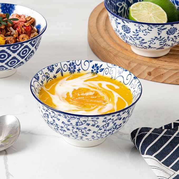 Cerkik Ceramic Dessert Bowls Set - Small 12 Oz Cereal Bowls - 4.75 Inch Ice Cream Bowls for Fruit, Snack, Side Dishes, Dipping Sauce - Microwave Dishwasher Safe - Set of 6 - Vintage Blue