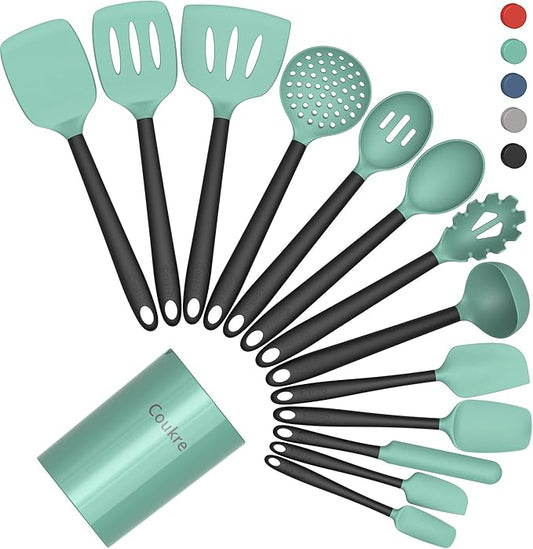 Coukre Silicone Kitchen Cooking Utensils Set with Holder ??Heat-Resistant, Food-Grade Kitchen Tools, Spatula, Spoon & Gadgets for Non-Stick Pans, Dishwasher Safe (14, AquaGreen)