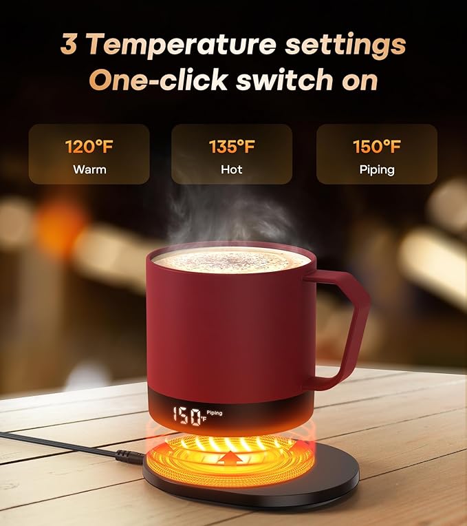 Heated Coffee Mug Rechargeable - Temperature Control Self Heating Coffee Mug 14oz with Lid, Double Sided & Real-Time LED Display, Hot up to 150?? Birthday Gifts for Women and Men(Red)