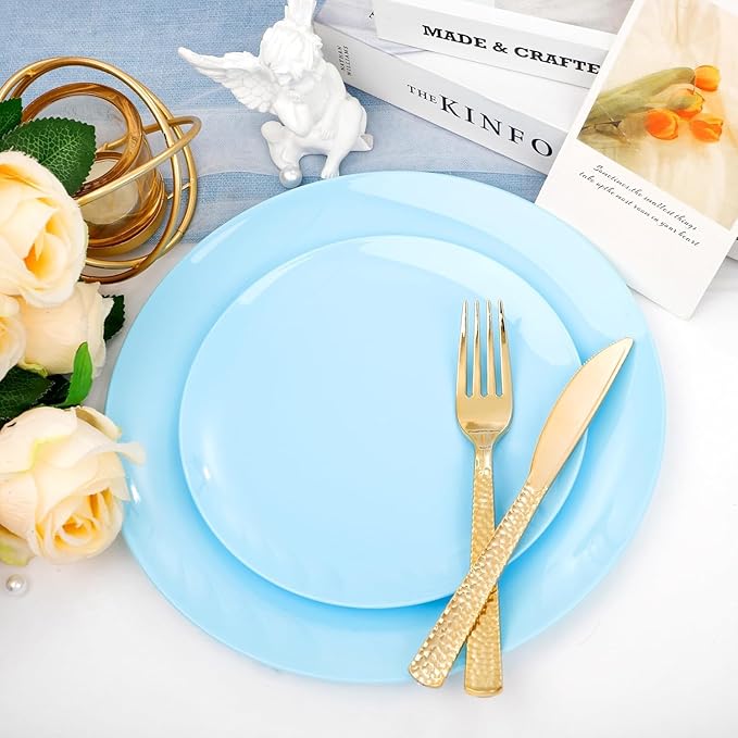 KIRE 60PCS Blue Plastic Plates Disposable - Heavy Duty Light Blue Plates Include 30Pcs 10.25??Dinner Plates and 30Pcs 7.5??for Dessert/Salad in Baby Shower/Picnic