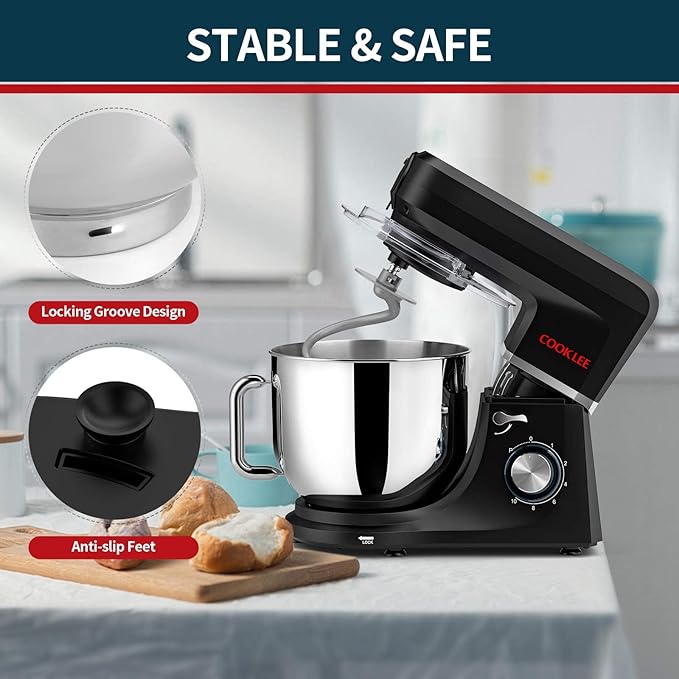 COOKLEE 6-IN-1 Stand Mixer, 8.5 Qt. Multifunctional Electric Kitchen Mixer with 9 Accessories for Most Home Cooks (Black1)
