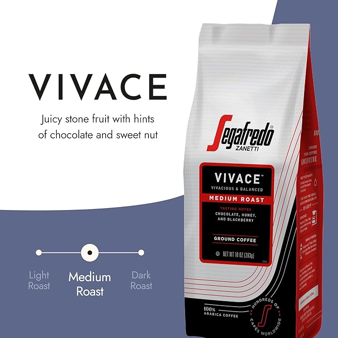 Segafredo Zanetti Ground Coffee ??Made with Arabica Coffee ??Medium Roast, Balanced with Smooth Acidity ??Colombian & Brazilian Blend ??Vivacious Medium Body ??Vivace, 10oz Bag, Pack of 6