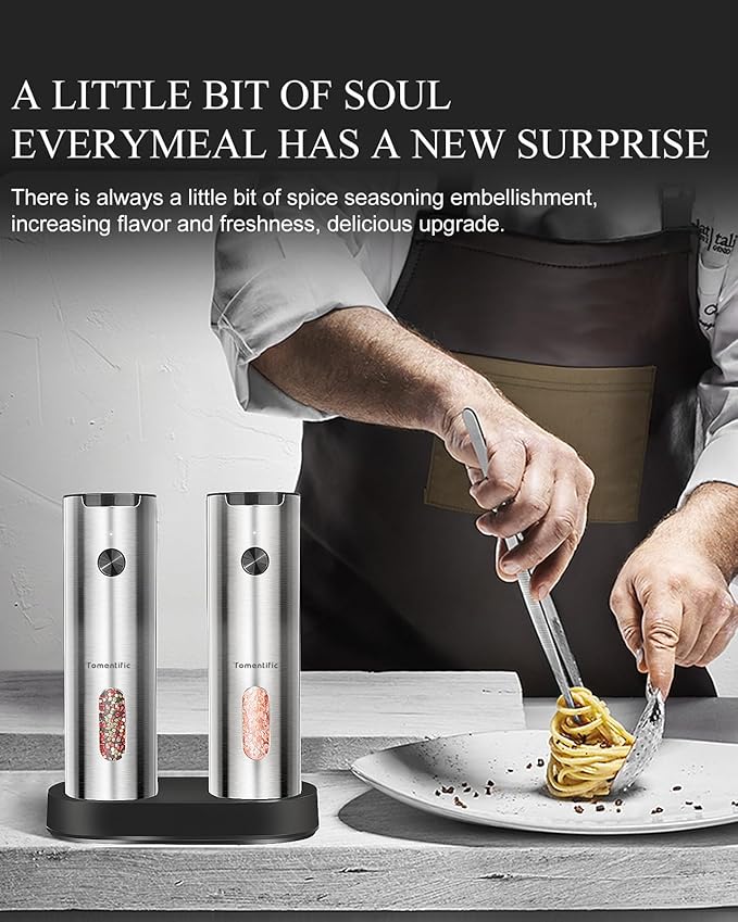 Electric Salt and Pepper Grinder Set with Rechargeable Base - Upgraded Large Capacity, Refillable Pepper Mill Set with LED Light & Adjustable Coarseness, Ideal for Kitchen, Outdoor, BBQ & Gift Giving
