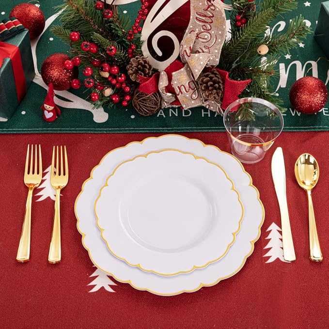 Morejoy 175PCS Gold Plastic Plates竊똚hite Gold Disposable Plates with Pre Rolled Napkins:25 Dinner Plates,25 Dessert Plates,25 Spoons,25 Forks,25Knives,25Cups,25Napkins for Party & Christmas