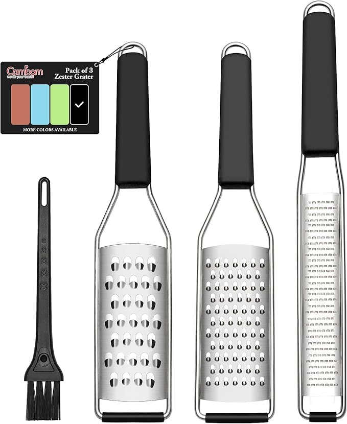 Cambom Lemon Zester Grater Three-piece Suit - Heavy Duty Kitchen Tool for Parmesan Cheese, Ginger, Garlic, Nutmeg, Chocolate, Vegetables竊똅ruits竊똕tainless Steel Grater Dishwasher Safe Black
