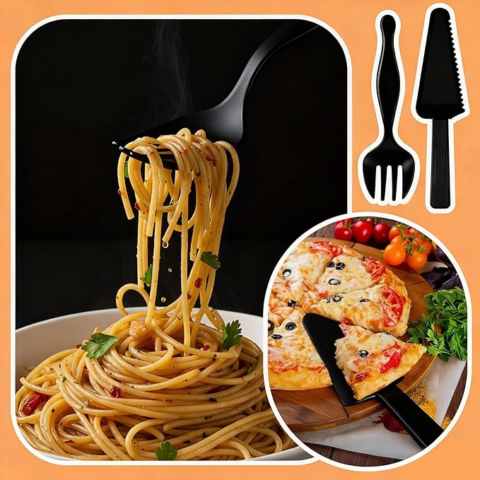 30 Pcs Disposable Plastic Serving Utensils Set Include 8.5'' Serving Spoons Forks 9'' Tongs and Knives for Birthday Party Buffet Dinner Food Salad Utensils Christmas (Black)