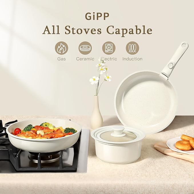 GiPP Ceramic Pots and Pans Set Non Stick, Nonstick Detachable Handle Cookware Sets, Healthy Non Toxic PFAS PFOA & PTFE Free, Dishwasher 竊냀ven Safe, Induction Kitchen Pot and Pan, 8 Piece Cream