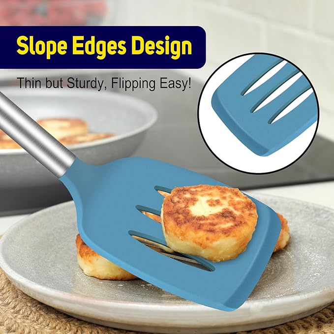 HOTEC Silicone Spatula Set of 2 Heat-Resistant 600째F & BPA-Free Kitchen SaptulaTurner with Stainless Steel Handles, Slotted & Solid Spatulas for Nonstick Cookware, 13.7 Inch, Blue