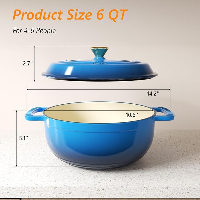 Bonnlo 6QT Round Dutch Oven, Enameled Cast Iron Dutch Oven Pot with Lid & Dual Handles, Oven Safe Up to 500째 F, for Sourdough, Bread Baking, Stews and Roasting (Blue)