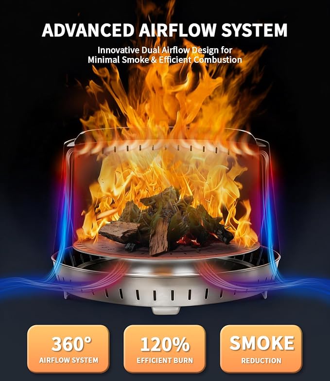 21 Inch Smokeless Fire Pit, for Outdoor Patio & Backyard, Dual Airflow Secondary Combustion, Stainless Steel Firepit with Detachable Ash Pan, Clean Burn, Portable for Camping & Gatherings