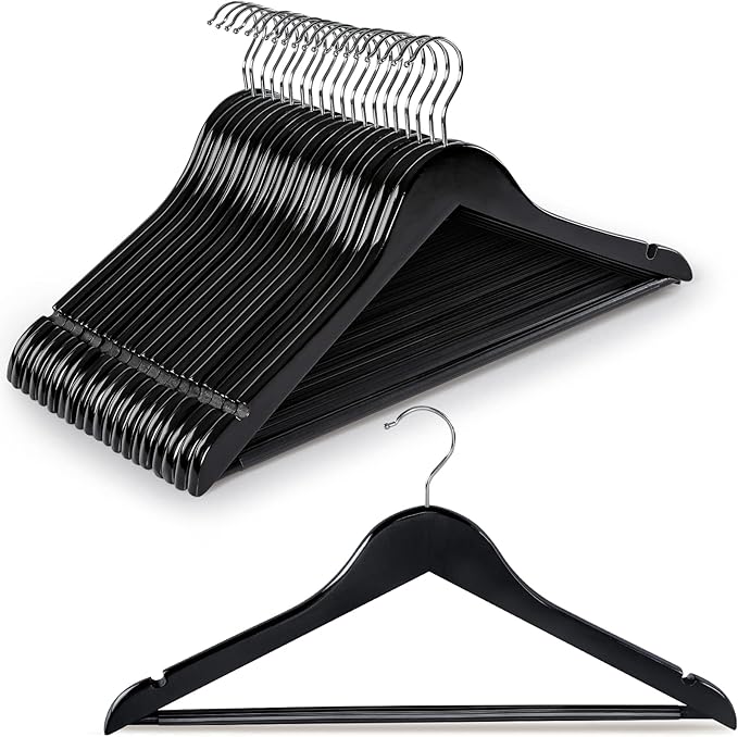 TOPIA HANGER Wooden Hangers 20 Pack, Black Wood Coat Hangers for Closet with Non-Slip Pants Bar, 360째 Swivel Hook and Shoulder Notches for Camisole, Suit, Jacket, Pants-CT34B20