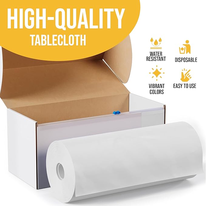 Party Solids 54 Inch X 300 Feet White Plastic Table Cover Roll in A Cut - to - Size Box with Convenient Slide Cutter. Cuts Up to 36 Rectangle 8 Feet Plastic Disposable Tablecloths