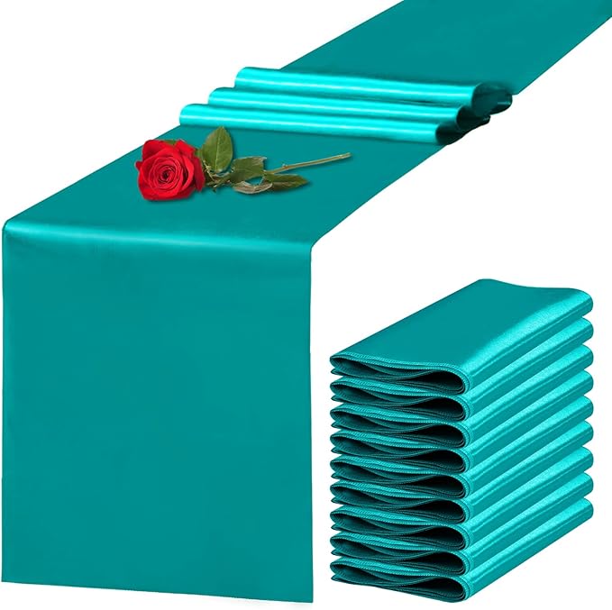 Yblut 10 Pack Satin Table Runner 12 x 108 Inch Long Peacock Blue Silk Table Runner for Wedding Party Banquet Birthday Decoration