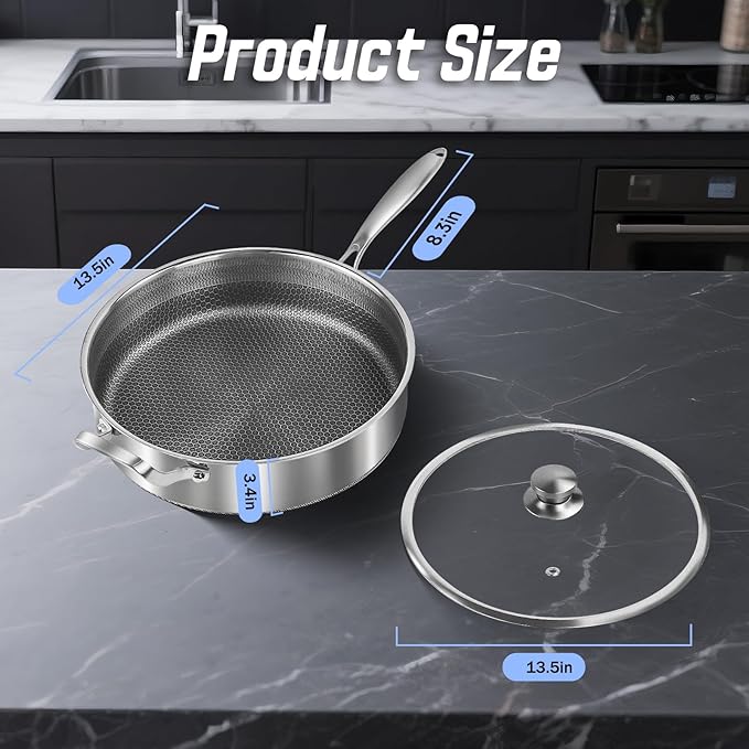 Frying Pans Nonstick wih Lid, Non Stick Tri-Ply Stainless Steel Saute Pan, 8 Quarts Large Saut챕 Pan, 13.5 Inch Induction Cooking Pan, Dishwasher and Oven Safe, PFOA Free