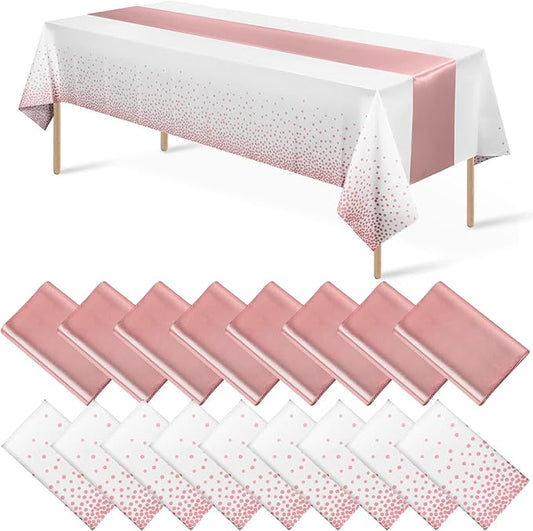 Disposable Plastic Tablecloth (White and Rose Gold Dot) And Satin Table Runner (Rose Gold) Set for Wedding Birthday Baby Shower Anniversary Christmas New Year Party, 16 Pack
