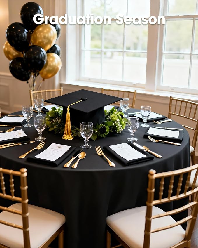 Pureegg Plastic Table Cloth Disposable 12 Pack, 84'' Round Table Cloths, Graduation Decorations Class of 2025, Graduation Party Tablecloths, Round, Plastic Cover, Leakproof & Sturdy, Black