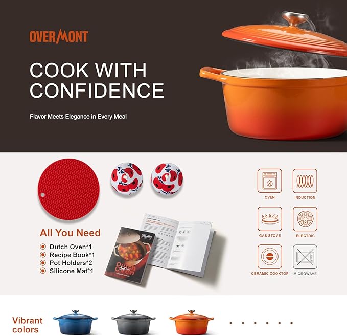 Overmont Refined Enameled Cast Iron Dutch Oven - 5.5QT Pot with Wide Handles Lid Cookbook & Cotton Potholders - Heavy-Duty Pre-Seasoned Cookware Oven Safe to 500째F for Braising, Stews, Roasting, Bread Baking