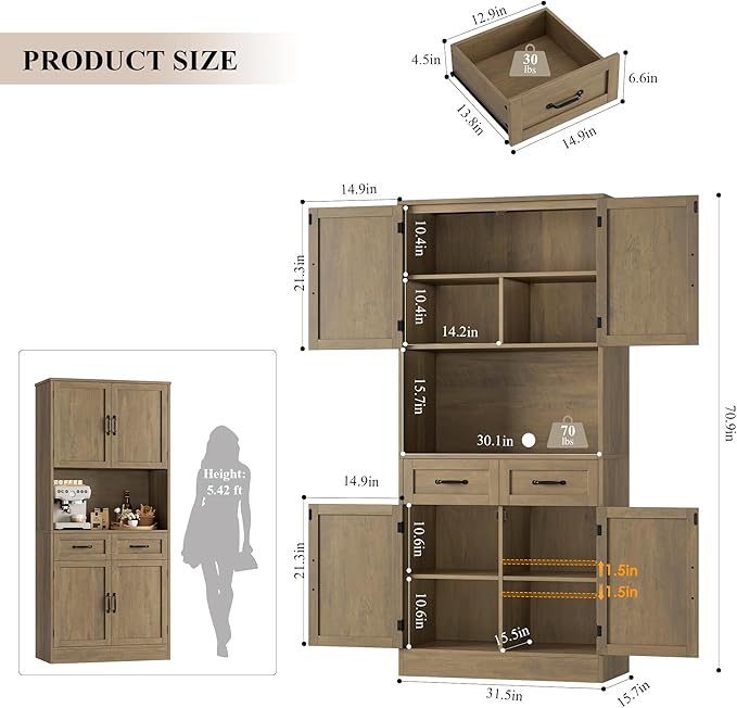 HOSTACK 71??Tall Kitchen Pantry Storage Cabinet, Modern Kitchen Hutch Bar Cabinet with Microwave Stand, Wood Buffet Sideboard with Hutch, Cupboard with Drawers, Shelves for Dining Room, Rustic Brown