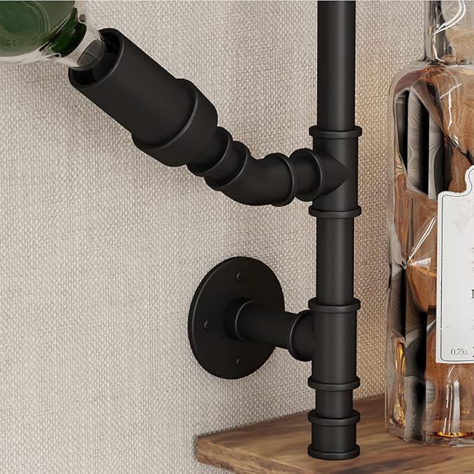 3 Tier Industrial Wall Wine Rack, 46in Floating Bar Liquor Shelves with 4 Stem Glass Holder, Pipe Shelf Shelving Wine Glass Rack, Wine Rack Wall Mounted Living Room Kitchen Decor, Black
