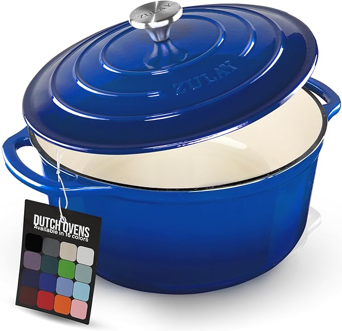 Zulay Kitchen 7.7 Quart Enameled Cast Iron Dutch Oven Pot with Lid ??Premium Durability & Oven Safe up to 500째F ??Heavy Duty Cookware Perfect for Bread Baking, Stews, Braising & Roasting ??Blue