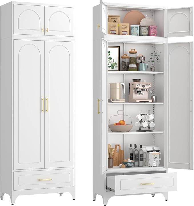 90??Tall Kitchen Pantry Cabinet,Storage Cabinet with Doors and Adjustable Shelves,Modern Kitchen Hutch Cabinets,Freestanding Cupboard for Living Room