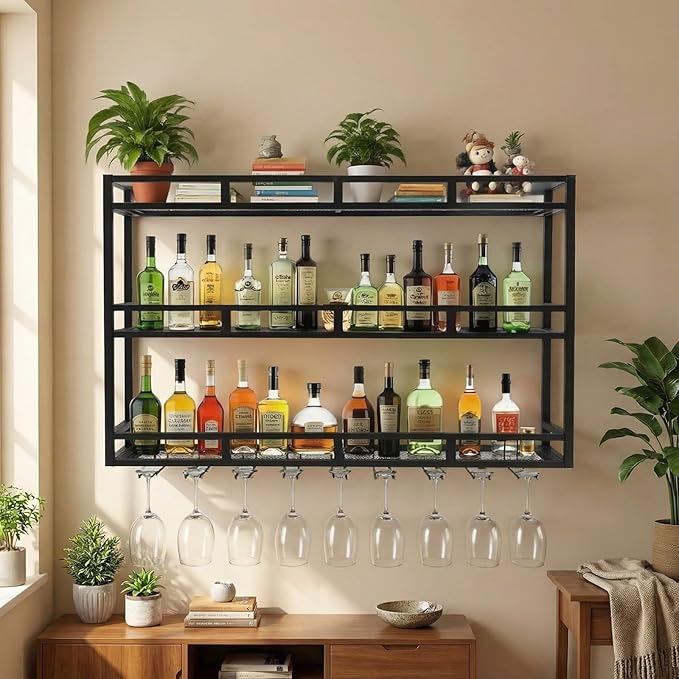 Wall Mounted Wine Racks 3 Tier, Bar Shelves Wall Mounted with Wine Glass Holder, Black Bar Shelves for Liquor Bottles, Wall Bar Cabinet for Home Bar, Kitchen, Dining Room(59 * 9.8 * 35in)