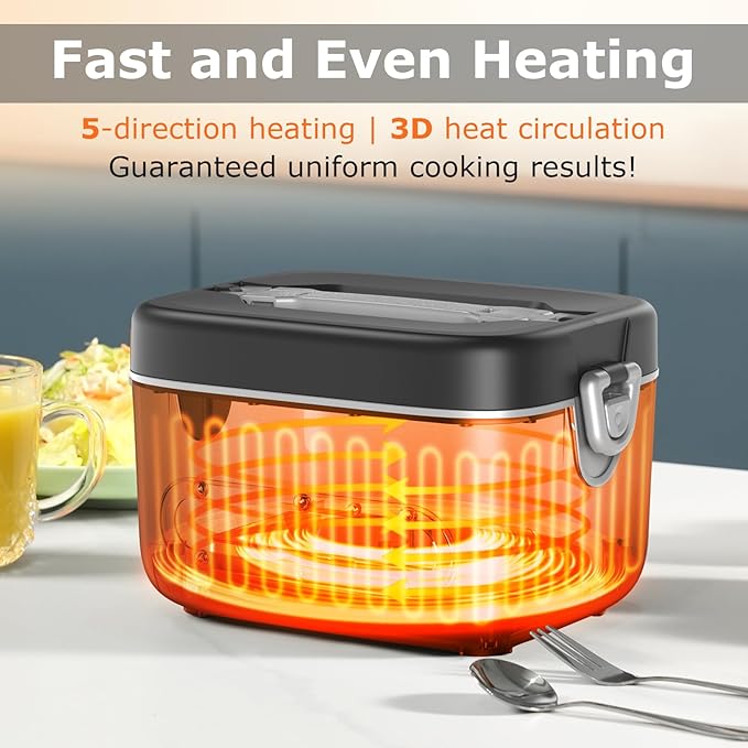 THZDMI 1.2L Cordless Electric Lunch Box ??20000mAh Rechargeable Portable Food Warmer with 5-Sided Heating, Auto Temperature Control, Leakproof & BPA-Free ??Perfect for Office, Truck, Outdoors Black