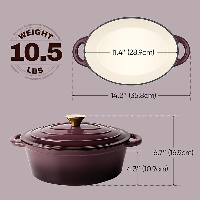 Vintage Style Oval Dutch Oven for Bread Baking, 4.5 Quart Non Stick Enameled Cast Iron Dutch Oven Pot with Lid, Oven Safe Oval Casserole with Lid up to 500째F for Baking, Braising, Stews, Roasting, Fig