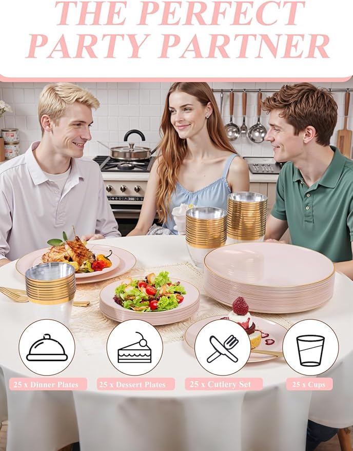 WDF 150Pcs Pink Plates Disposable - Pink and Gold Plastic Plates 25guest Disposable Dinnerware Include 25 Dinner Plate, 25 Dessert Plate, 25 Cutlery & 25 9oz Cups for Wedding, Party, Valentine's Day