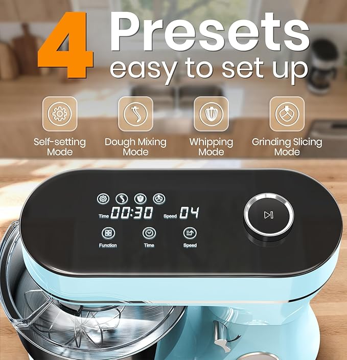 Stand Mixer 6QT Kitchen Mixer with LED Smart Touchscreen, 11-Speed Tilt-Head Mixer with Timer, 4 Preset Menus, Stainless Steel Bowl, Dough Hook, Whisk, Beater,Blue