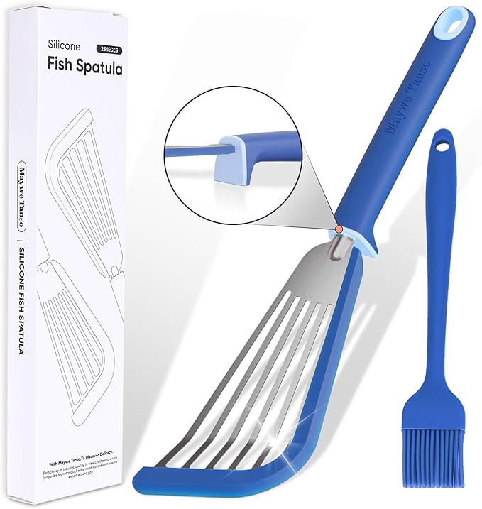 Fish Spatula,600??Heat Resistant Silicone Fish Spatula with Basting Brush,for Nonstick Cookware,Flexible Slotted Fishs Turner Spatulas,BPA Free,Dishwasher Safe(Blue)
