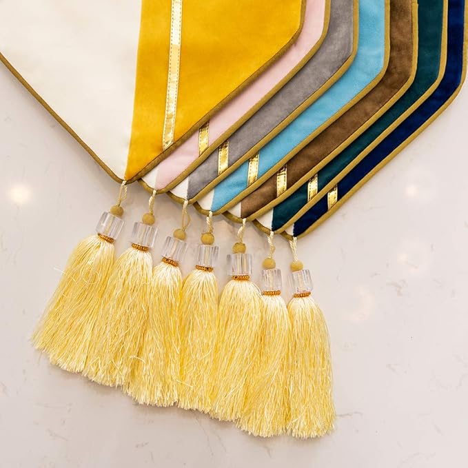 Avigers 12 x 108 Inch Decorative Luxury Brown White Gold Leather Striped Patchwork Velvet Table Runners with Tassels for Home Living Room Bedroom Art Decor Wedding