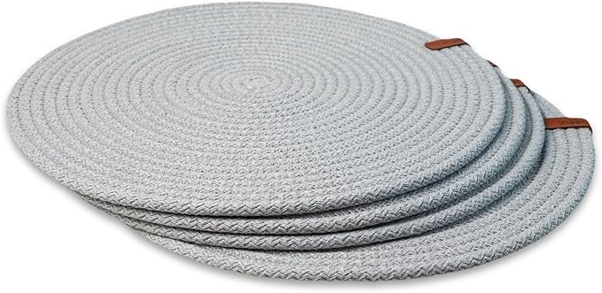 Round Placemats Set of 4, Handmade by Braided Cotton Cord, Dia. 12.6 Inch, Doublesided, Heat Resistant, Gray
