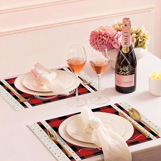 Valentine Placemats Set of 4, 12x18 Inch Buffalo Plaid Love Hearts Table Mats, Seasonal Anniversary Holiday Valentines Day Table Decorations for Kitchen Dining Home Party Decor