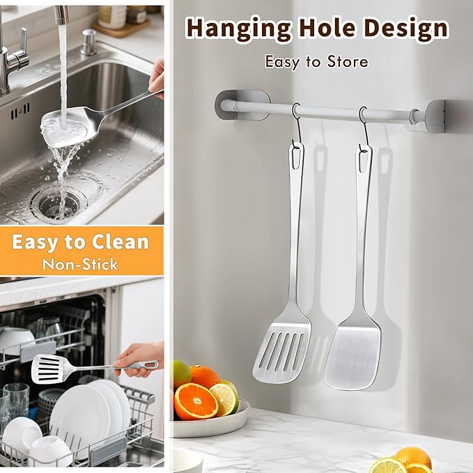 2 Pcs Stainless Steel Spatulas Set, Metal Spatula Solid & Slotted Turner, Heavy Duty Sturdy Spatula for Kitchen Use, High Heat Resistant Cooking Utensils for Fish Eggs Pancakes, Easy to Clean, Silver