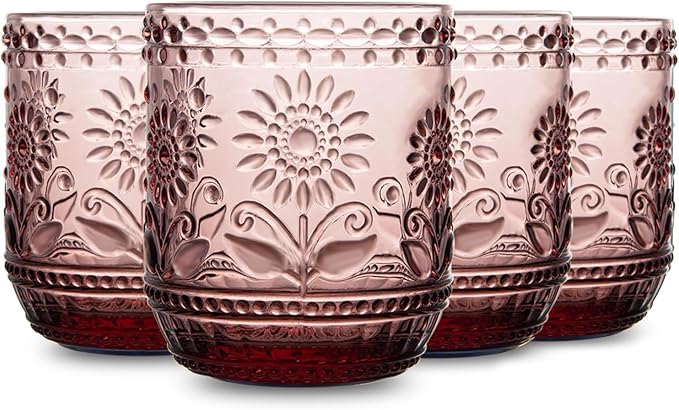 Luminthra Elegant Vintage Crystal Glassware Set, Embossed Floral Drinkware, 12oz Green and Multi-Color Glass Cups for Wine, Cocktails, and Beverages (Pink)