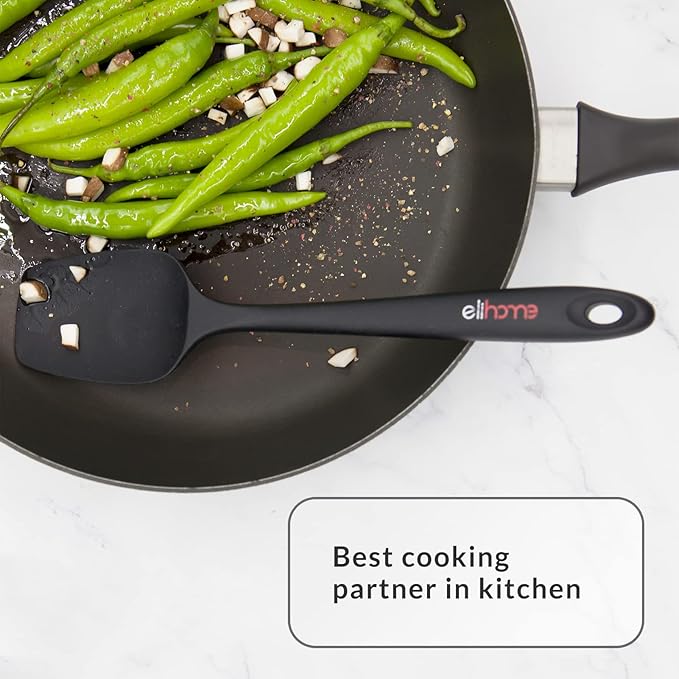 Elihome Chef Series 3 Piece Silicone Spatula Set - 600째F Heat Resistant Non Stick Rubber Kitchen Scraper Spatulas for Cooking, Baking, Mixing ??BPA Free and LFGB Certified Silicone(Black)