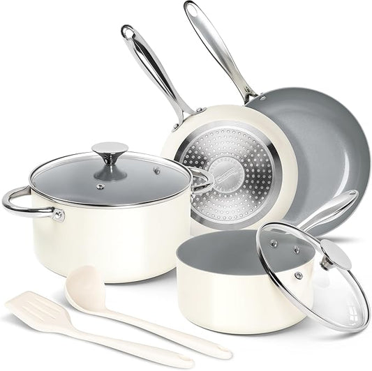 MICHELANGELO Pots and Pans Set Non Stick - Ceramic Cookware Set Non Toxic, 8-Pcs Nonstick Pots and Pans with Ergonomic Handle, Dishwasher Safe & Induction Compatible, Cream