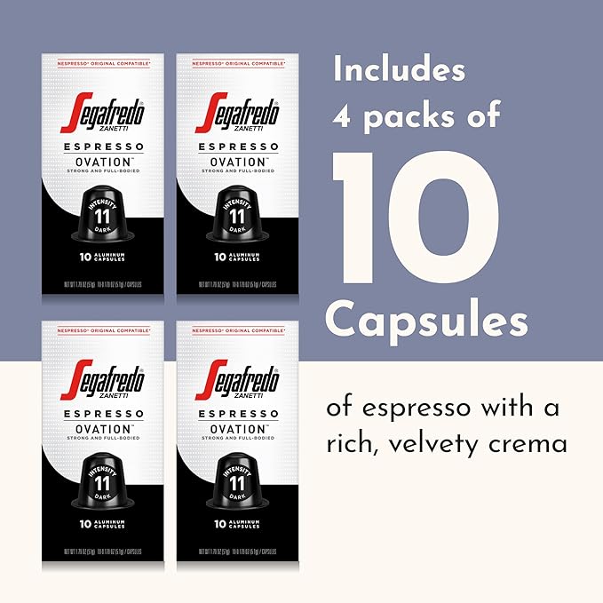 Segafredo Zanetti Espresso Capsules ??Aluminum Pods for Nespresso Original Machines ??Dark Roast Premium Espresso with a Full-Bodied Aroma ??Strong, Intensity 11 ??Ovation, 10 Count (Pack of 4)