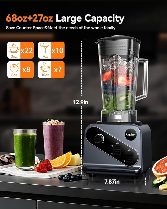 Blenders for Kitchen, 2000W Professional Blender, 68oz Large Capacity with 27oz To-Go cup, Smoothie Blender with 35000RPM to Make Soups, Jams, Frozen Fruit&More, Dishwasher Safe, BPA-Free