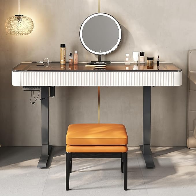 Lartis Vanity Table with Stool,Electric Lift Vanity Desk,Vanity Set竊똗p and Down Desk, Standing Vanity with Drawer (Ivory White, 50 in)
